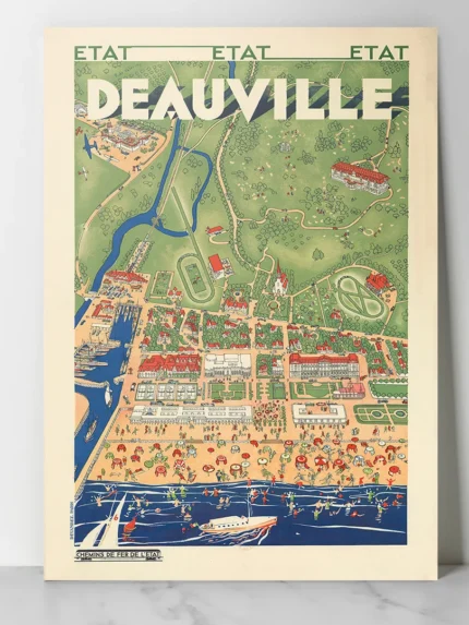 Affiche vintage Deauville 1931 par Lucien Boucher, carte illustrée de la station balnéaire