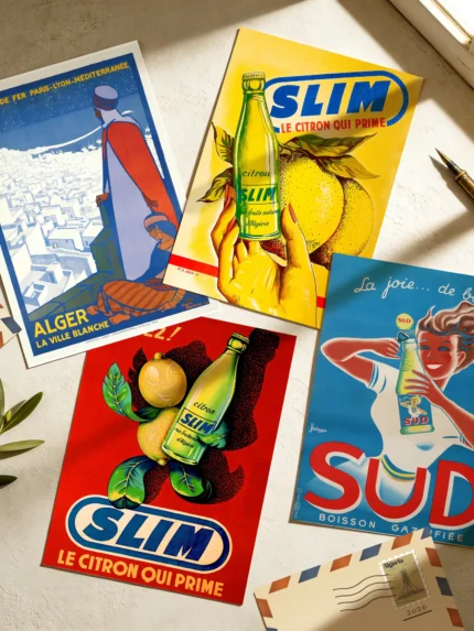 Une vue de dessus de 4 cartes postales d'art vintage de la marque Dzeco Art, disposées sur une surface texturée beige et éclairées par une lumière naturelle. Le pack comprend une illustration d'Alger la Ville Blanche de style affiche de voyage d'époque, et trois publicités rétro pour la marque algéroise Hamoud Boualem, mettant en avant les boissons Slim Le citron qui prime et Sud Boisson Gazéifiée. Deux enveloppes de style courrier aérien rétro et un stylo plume ancien complètent la scène.