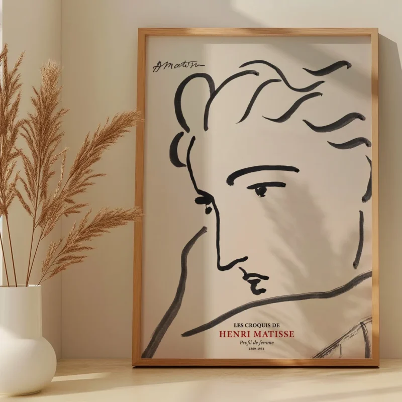 Affiche sous verre Henri Matisse Profil de femme avec cadre noir mat dans un salon lumineux au style déco bohème et minimaliste