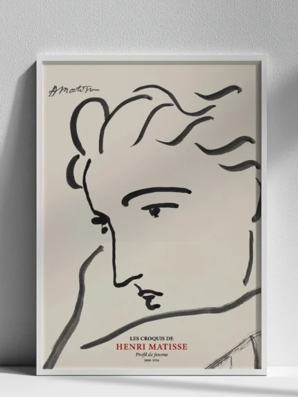 Poster d’art Henri Matisse Les Croquis Profil de femme encadré sous verre blanc sur fond de mur texturé épuré