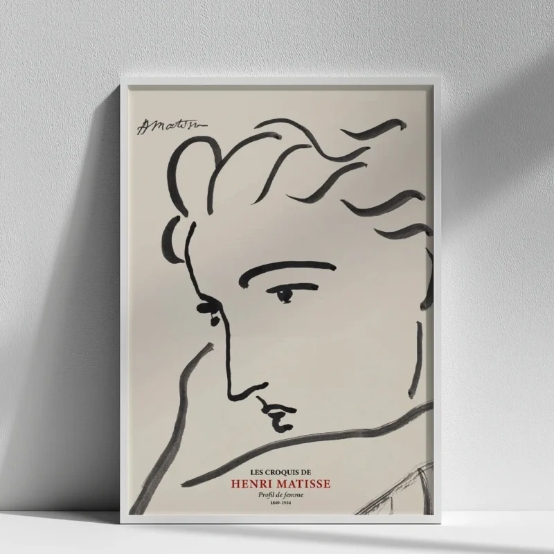Poster d’art Henri Matisse Les Croquis Profil de femme encadré sous verre blanc sur fond de mur texturé épuré