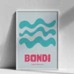affiche ville bondi beach design minimaliste moderne vagues bleu rose dzeco art