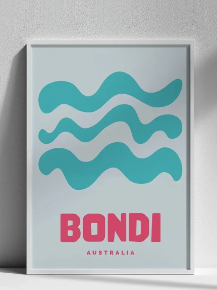 affiche ville bondi beach design minimaliste moderne vagues bleu rose dzeco art