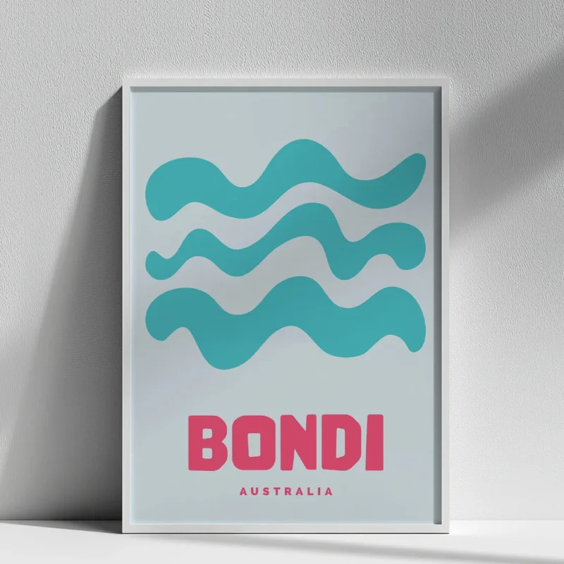 affiche ville bondi beach design minimaliste moderne vagues bleu rose dzeco art