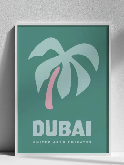 affiche ville dubai design minimaliste moderne palmier vert rose dzeco art