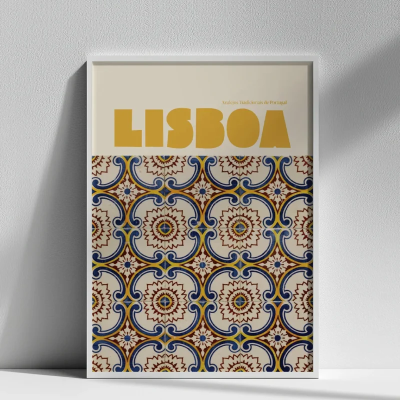 affiche ville lisbonne lisboa azulejos traditionnels portugal decoration moderne jaune bleu dzeco art