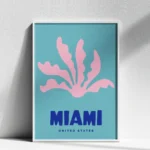 affiche ville miami united states algue corail rose fond bleu turquoise design minimaliste moderne dzeco art