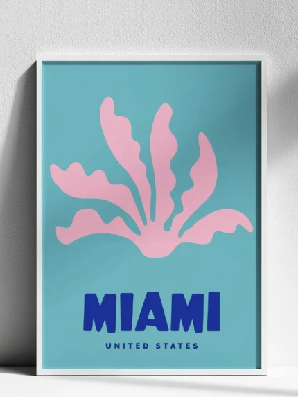 affiche ville miami united states algue corail rose fond bleu turquoise design minimaliste moderne dzeco art