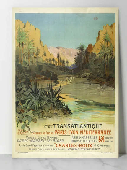 Affiche vintage Algérie El Kantara illustrant les gorges et le paquebot Charles-Roux