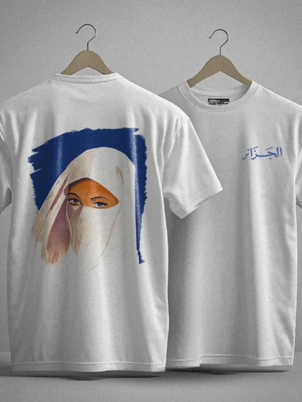 tshirt femme au hayek blanc dzeco art broderie algerie bleue et illustration traditionnelle