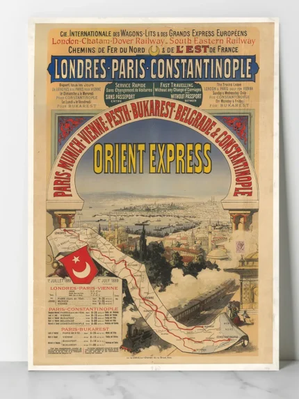 affiche vintage orient express londres paris constantinople 1888 compagnie wagons lits train vapeur itineraire carte retro poster dzecoart