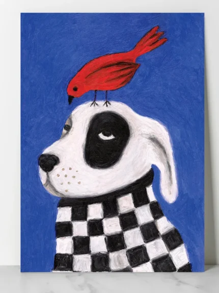 affiche chien oiseau rouge foulard damier noir blanc peinture bleu ryan fowler dzeco art