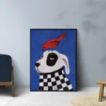 affiche chien oiseau rouge foulard damier noir blanc peinture bleu ryan fowler dzeco art