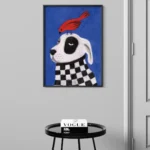 affiche chien oiseau rouge foulard damier noir blanc peinture bleu ryan fowler dzeco art