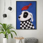 affiche chien oiseau rouge foulard damier noir blanc peinture bleu ryan fowler dzeco art