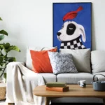 affiche chien oiseau rouge foulard damier noir blanc peinture bleu ryan fowler dzeco art
