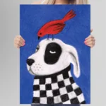 affiche chien oiseau rouge foulard damier noir blanc peinture bleu ryan fowler dzeco art