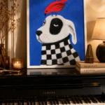 affiche chien oiseau rouge foulard damier noir blanc peinture bleu ryan fowler dzeco art