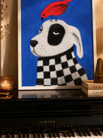 affiche chien oiseau rouge foulard damier noir blanc peinture bleu ryan fowler dzeco art