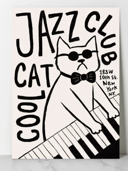 affiche jazz cat club cool cat chat lunettes de soleil piano noir et blanc ryan fowler dzeco art