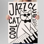 affiche jazz cat club cool cat chat lunettes de soleil piano noir et blanc ryan fowler dzeco art