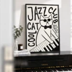 affiche jazz cat club cool cat chat lunettes de soleil piano noir et blanc ryan fowler dzeco art