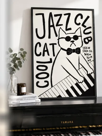 affiche jazz cat club cool cat chat lunettes de soleil piano noir et blanc ryan fowler dzeco art