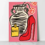 affiche mode vintage gucci parfum jaune escarpin rouge talon aiguille vase rayures roses anna morner dzeco art