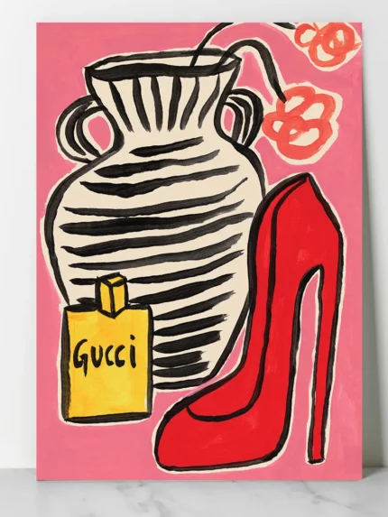 affiche mode vintage gucci parfum jaune escarpin rouge talon aiguille vase rayures roses anna morner dzeco art