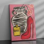 affiche mode vintage gucci parfum jaune escarpin rouge talon aiguille vase rayures roses anna morner dzeco art