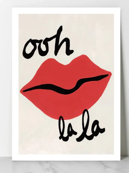 affiche ooh la la bouche rouge levres pulpeuses typographie noire peinture retro pop art anna morner dzeco art