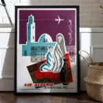affiche vintage air algerie agence rue des pyramides paris j depienne minaret tapis traditionnel avion jet age retro poster dzecoart
