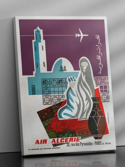 affiche vintage air algerie agence rue des pyramides paris j depienne minaret tapis traditionnel avion jet age retro poster dzecoart