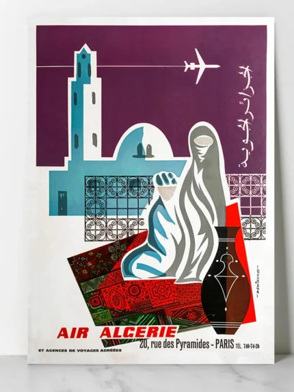 affiche vintage air algerie agence rue des pyramides paris j depienne minaret tapis traditionnel avion jet age retro poster dzecoart