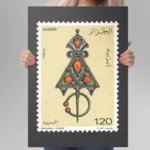 affiche vintage timbre d algerie bijou kabyle fibule traditionnelle argent corail mohamed temam dzecoart