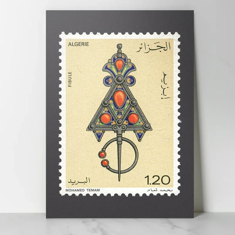 affiche vintage timbre d algerie bijou kabyle fibule traditionnelle argent corail mohamed temam dzecoart