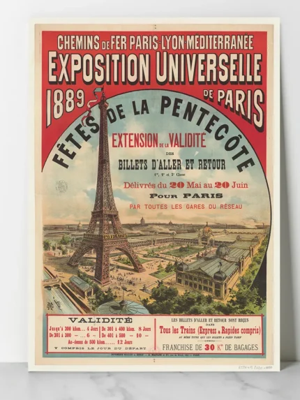 affiche vintage exposition universelle 1889 paris tour eiffel chemins de fer plm fetes de la pentecote maulde et renou retro poster dzecoart