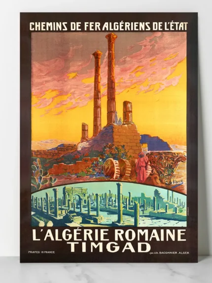 affiche vintage timgad algerie romaine chemins de fer de l etat colonnes arc de trajan edouard herzig retro poster dzecoart