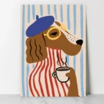 affiche chien beret bleu mariniere rouge lunettes tasse cafe ryan fowler french dog dzeco art