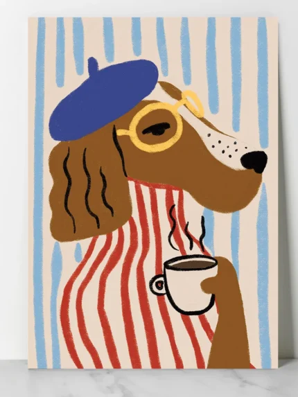 affiche chien beret bleu mariniere rouge lunettes tasse cafe ryan fowler french dog dzeco art