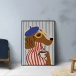 affiche chien beret bleu mariniere rouge lunettes tasse cafe ryan fowler french dog dzeco art