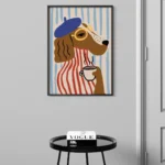 affiche chien beret bleu mariniere rouge lunettes tasse cafe ryan fowler french dog dzeco art