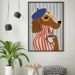 affiche chien beret bleu mariniere rouge lunettes tasse cafe ryan fowler french dog dzeco art