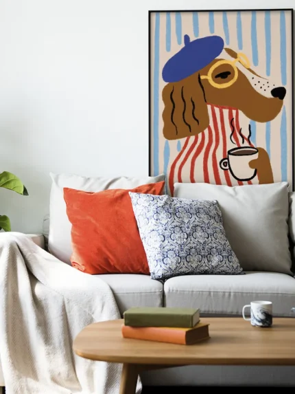 affiche chien beret bleu mariniere rouge lunettes tasse cafe ryan fowler french dog dzeco art