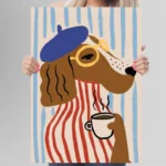 affiche chien beret bleu mariniere rouge lunettes tasse cafe ryan fowler french dog dzeco art