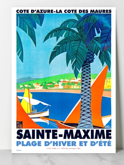 affiche vintage sainte maxime cote d azur roger broders plm palmier voilier orange art deco retro poster lucien serre paris dzecoart
