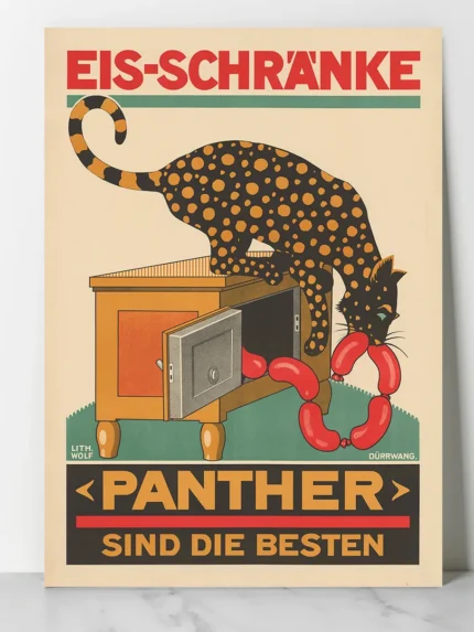 affiche publicitaire vintage panther eis schränke dürrwang glacière ancienne saucisses allemagne réclame retro poster dzecoart