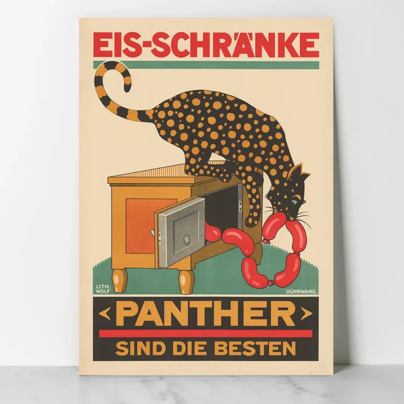 affiche publicitaire vintage panther eis schränke dürrwang glacière ancienne saucisses allemagne réclame retro poster dzecoart