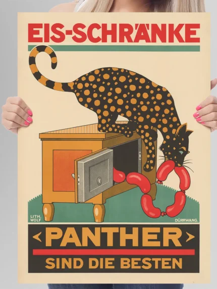 affiche publicitaire vintage panther eis schränke dürrwang glacière ancienne saucisses allemagne réclame retro poster dzecoart