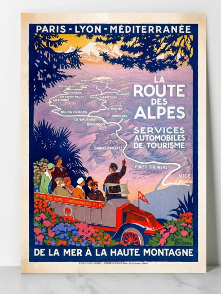 affiche vintage route des alpes roger broders 1920 chemins de fer plm autocar tourisme chamonix grenoble nice retro poster dzecoart